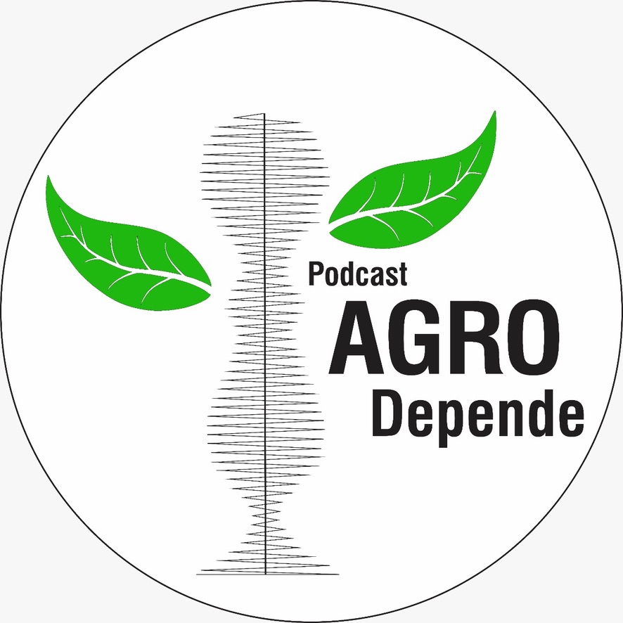 Primeiro logo do podcast: círculo com duas folhas verdes, a silhueta de uma onda de áudio e o texto Podcast Agro Depende